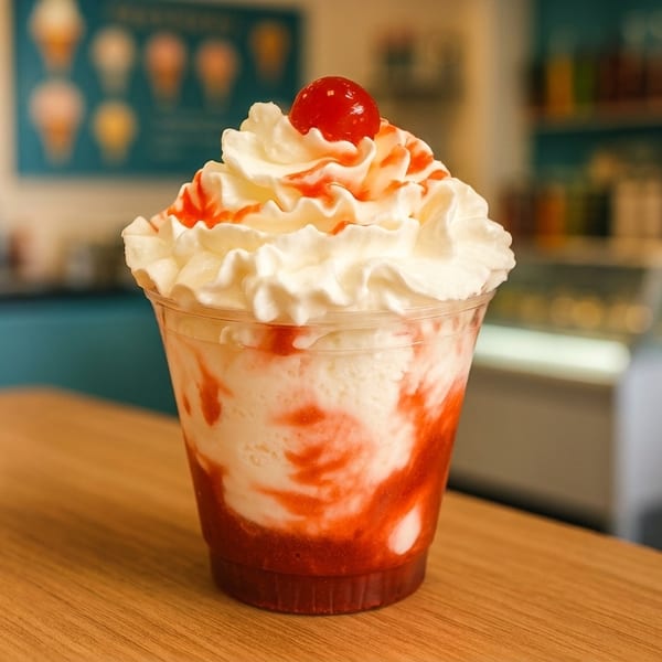 Strawberry sundae with whipped cream and a cherry on top, on a wooden table in a cafe.