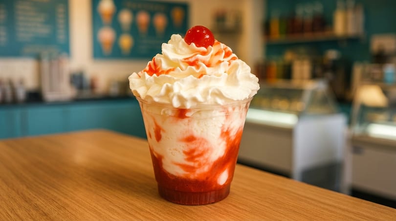 Strawberry sundae with whipped cream and a cherry on top, on a wooden table in a cafe.