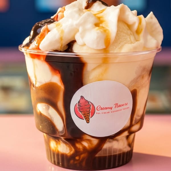 Creamy Flavore ice cream sundae with chocolate and caramel drizzle, topped with whipped cream.