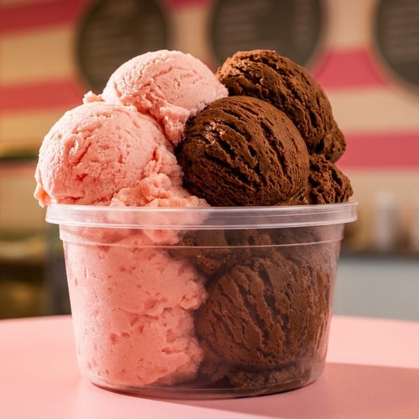 A clear plastic container filled with scoops of pink and chocolate ice cream on a pink table.