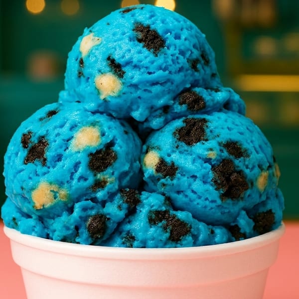Three scoops of bright blue ice cream with cookie pieces in a white cup on a pink surface.