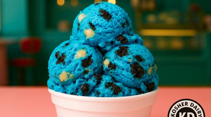 Three scoops of bright blue ice cream with cookie pieces in a white cup on a pink surface.