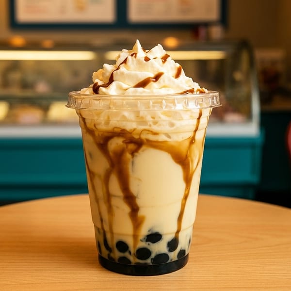Boba tea with whipped cream and caramel drizzle on a wooden table in a cafe.