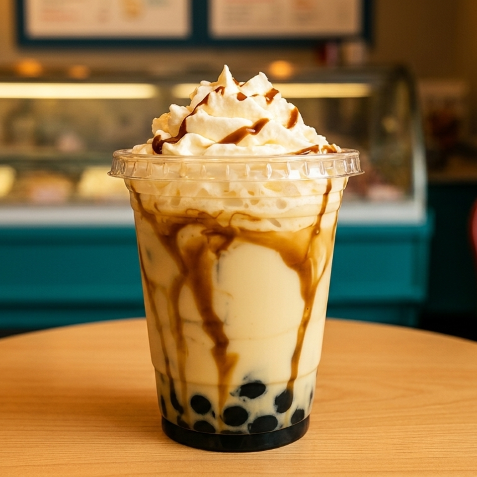 Boba tea with whipped cream and caramel drizzle on a wooden table in a cafe.