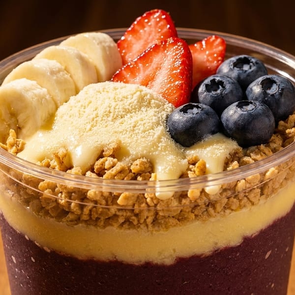 A vibrant acai bowl in a clear cup, topped with granola, banana slices, strawberries, and blueberries.