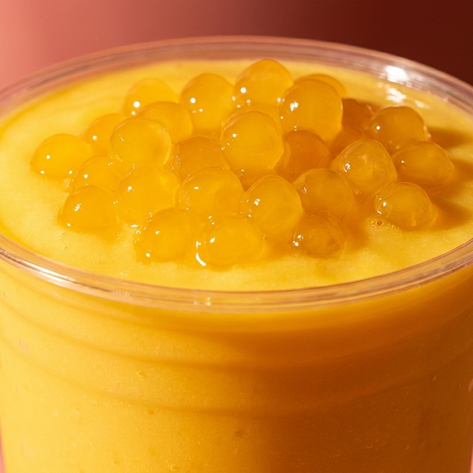 Close-up of a mango smoothie in a clear plastic cup, topped with golden popping boba.