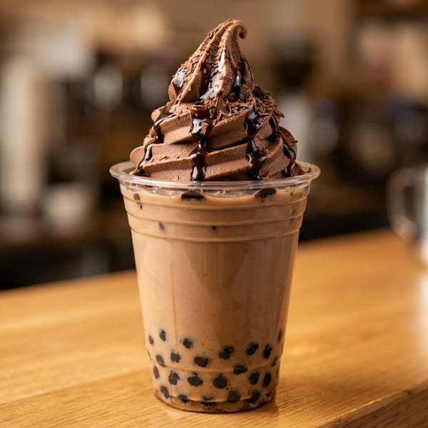 Chocolate boba tea with chocolate soft serve, syrup, and shavings on a wooden counter.