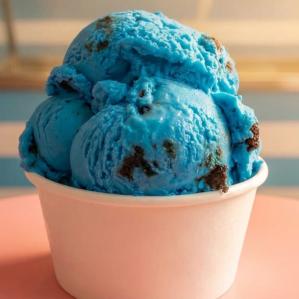 Scoops of bright blue ice cream with chocolate cookie crumbles in a white cup on a pink table.