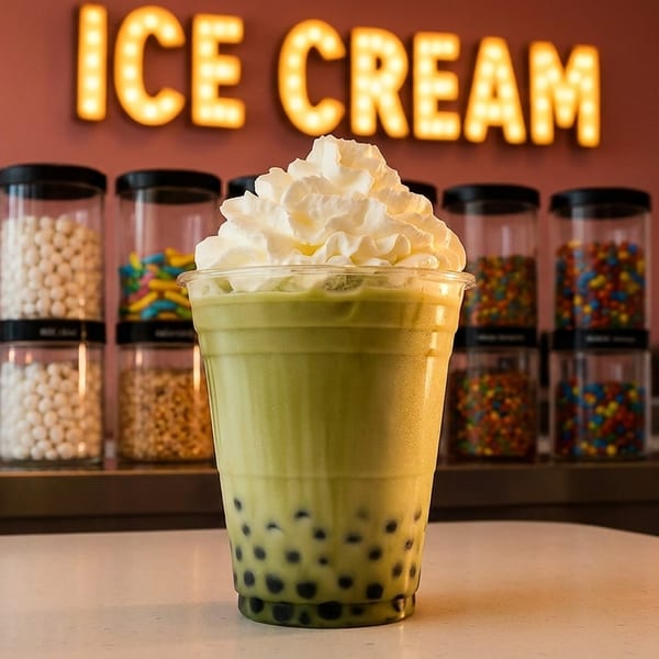 Matcha boba tea with whipped cream, in front of an "ICE CREAM" sign and candy dispensers.