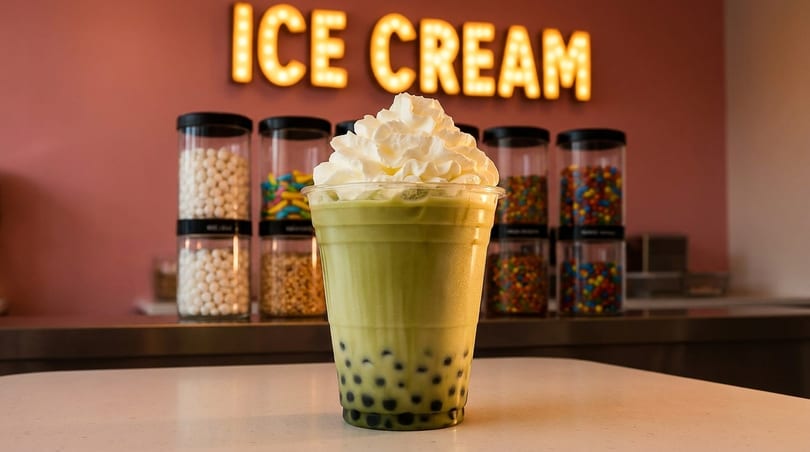 Matcha boba tea with whipped cream, in front of an "ICE CREAM" sign and candy dispensers.