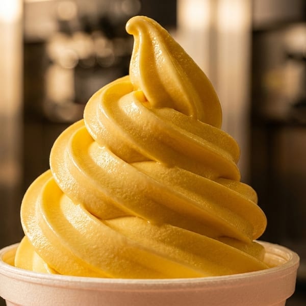 Close-up of a swirled yellow soft-serve ice cream in a white cup, with blurred background.