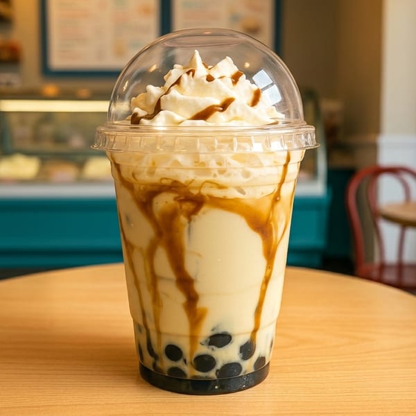 Boba tea with whipped cream and caramel drizzle on a wooden table in a cafe.