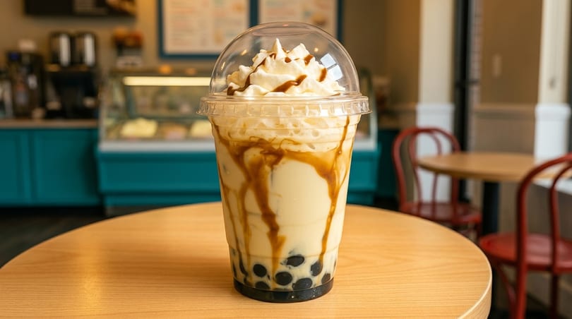Boba tea with whipped cream and caramel drizzle on a wooden table in a cafe.